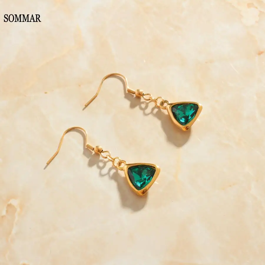 SOMMAR Fashion New Brand Design Luxurio gold plated perfume women triangular green crystal drop earrings women jewelry