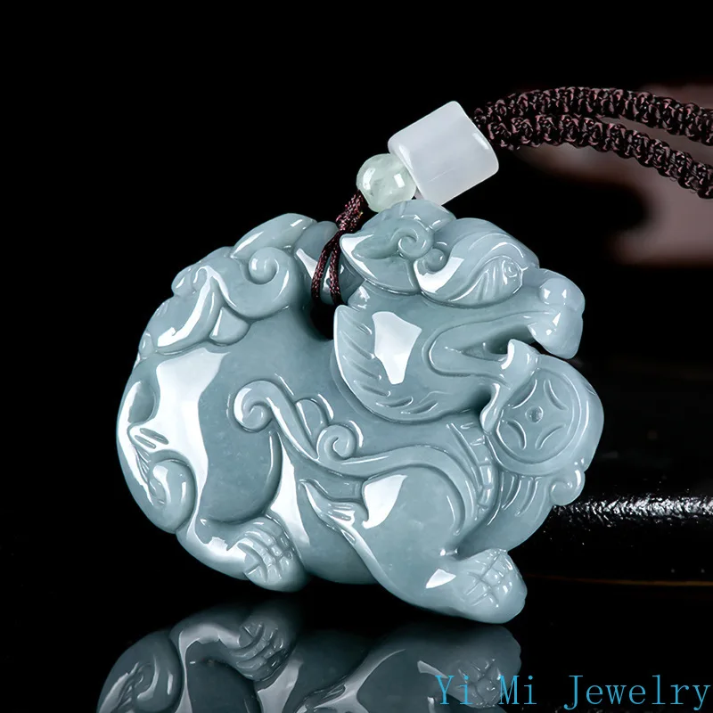 100% A-goods Jadeite Blue Water Money Pixiu Pendant Men and Women Pendant Jewelry Beads Treasure Jade Necklace Holiday Gift