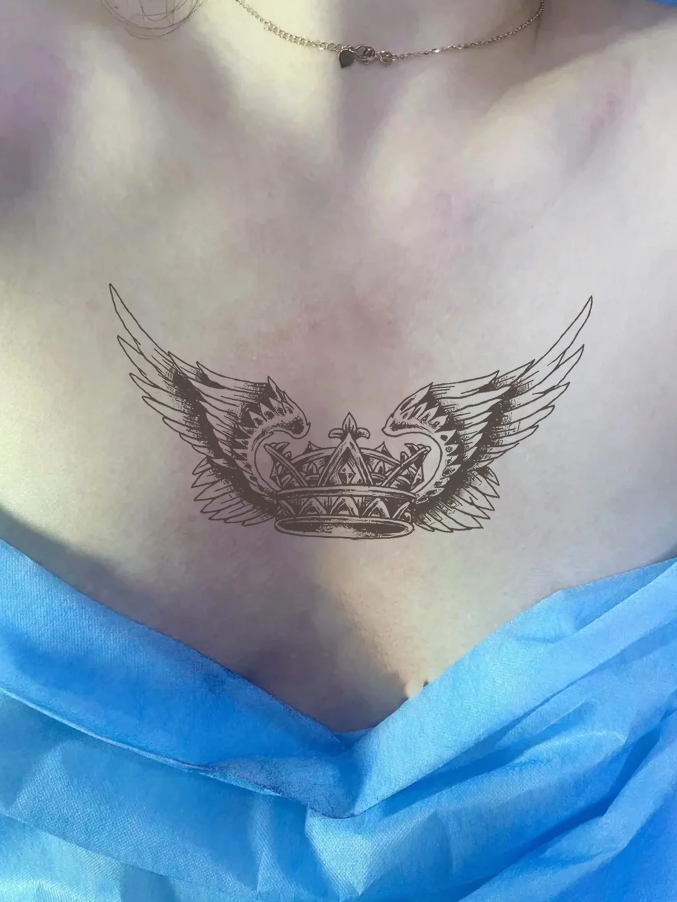 Angel wings and crown neck waterproof temporary tattoo sticker, lasts 1-2 weeks, realistic semi-permanent fake tattoo