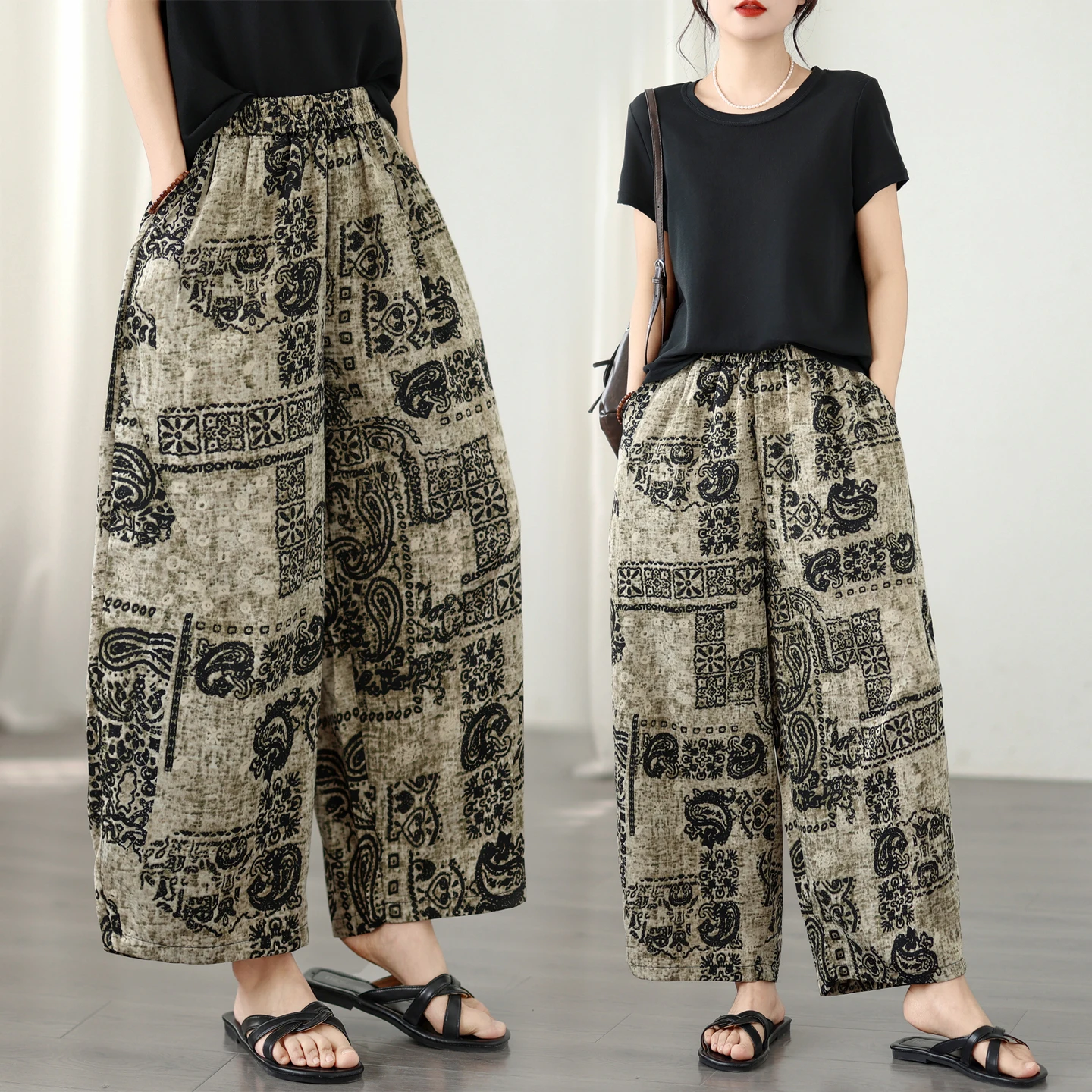 Casual Harlan Pants Geometric Print Ice Silk Cotton Linen Elastic Waist Loose Slimming Wide Leg Nine Point Pants for Women