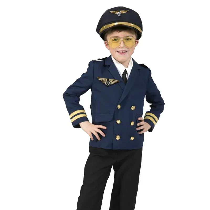 Children Halloween Costume Kids Aircraft Captain\'s Uniform Cosplay Clothing Hat Set Pilot Party Clothes Boy Girl Birthday Gift