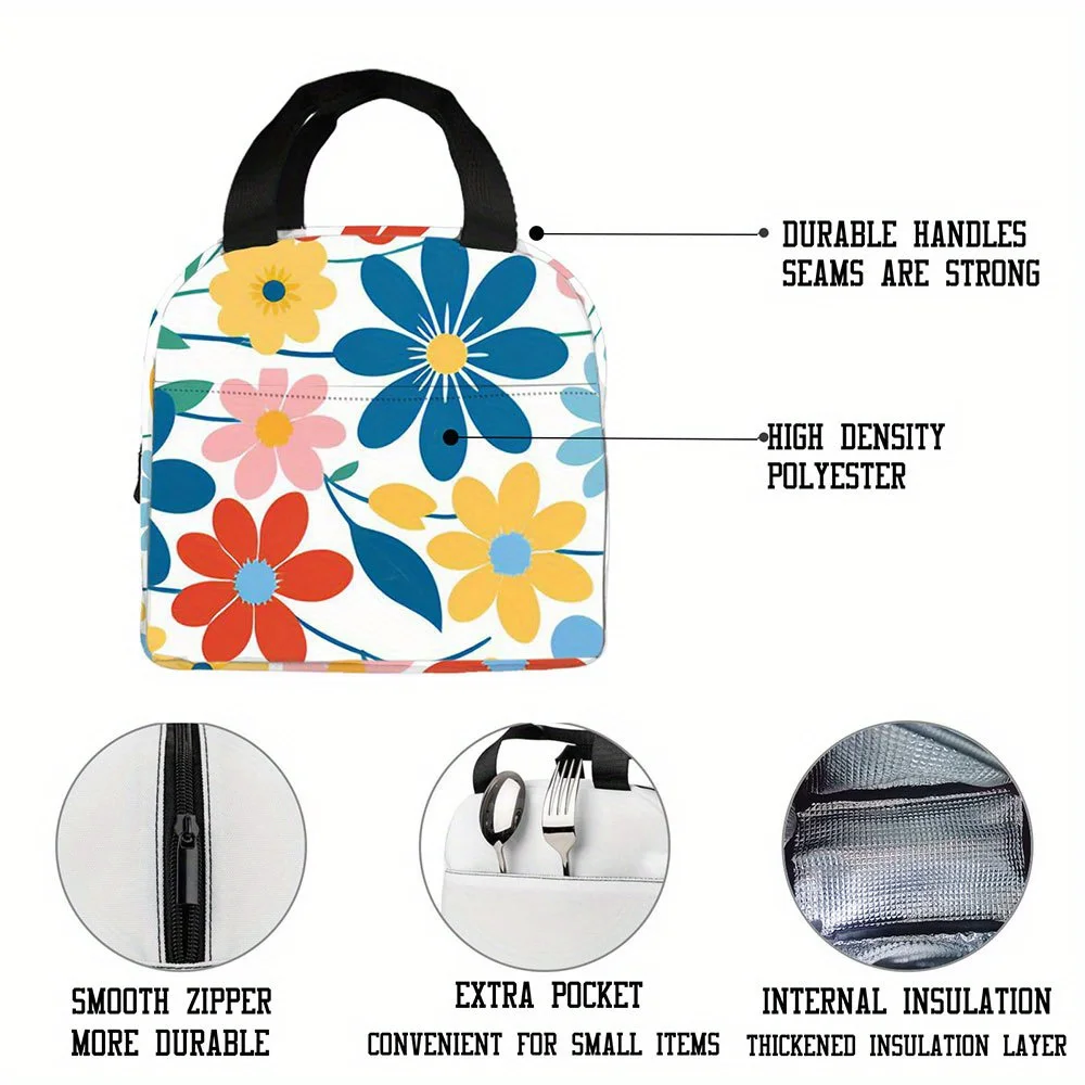 Cute Floral Insulated Lunch Bag - Leakproof Thermal Insulation, Oxford Fabric with Side Pockets & Sturdy Handles