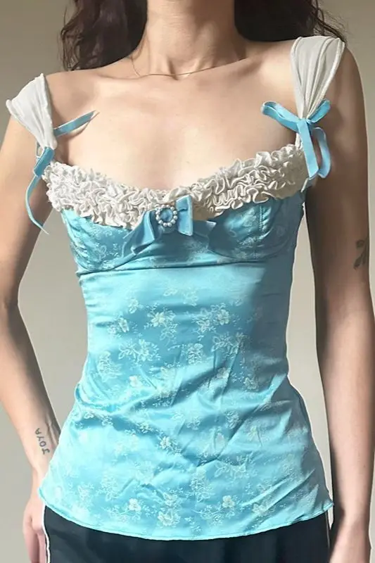 

French Style Blue Bow Tie Ruffle Detail Cami Top Women Vintage Pure Desire Y2K Bodycon Sleeveless Sexy Retro Blouse High Quality