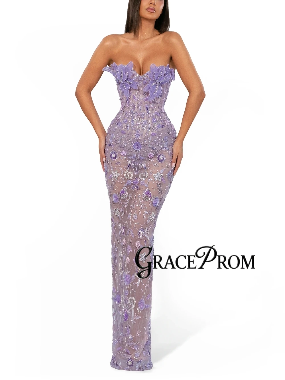 

Lavender Floral Beaded Evening Dress Richly Illusion Straight Customized Cocktail Gown Intricate Sparkly Formal Party Wear