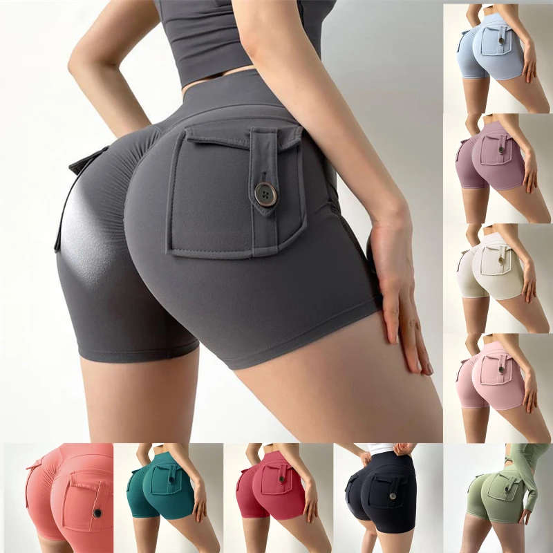 Brzoskwiniowe spodenki fitness Damskie krótkie spodnie do ćwiczeń Cargo Air Dry Pocket Yoga Tight Lift Summer Fashion