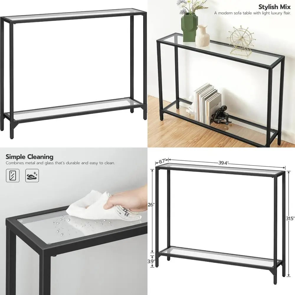 

Современный черный консольный столик 39.4 со столешницей из закаленного стекла, диван-стол с металлическим каркасом для узких помещений, идеально подходит для прихожей и жизни