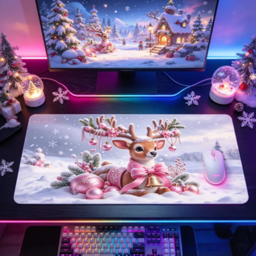 Winter Pink Deer Desk Mat, Pink Deer Snow Mouse Pad, Macaron Cloud PC Accessory, Ocean Shell Office Mat, Pink Leopard Mouse Pad.