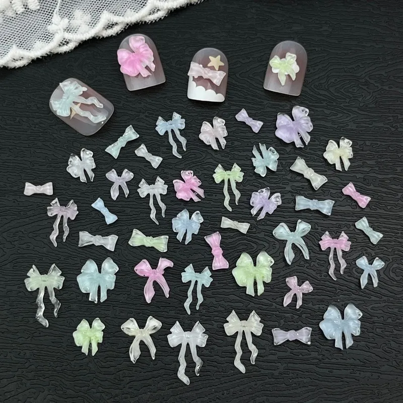 50pcs Ice Transparent Bow Nail Charms Colorful 3D Fluttering Bowknot Resin DIY Press On Nails Nail Art Decor Accessories