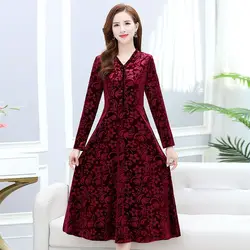 여성 골든 벨벳 드레스 2025 새로운 인쇄 긴 소매 v-목 파티 드레스 중년 여성 의류 긴 드레스 Vestidos 5XL