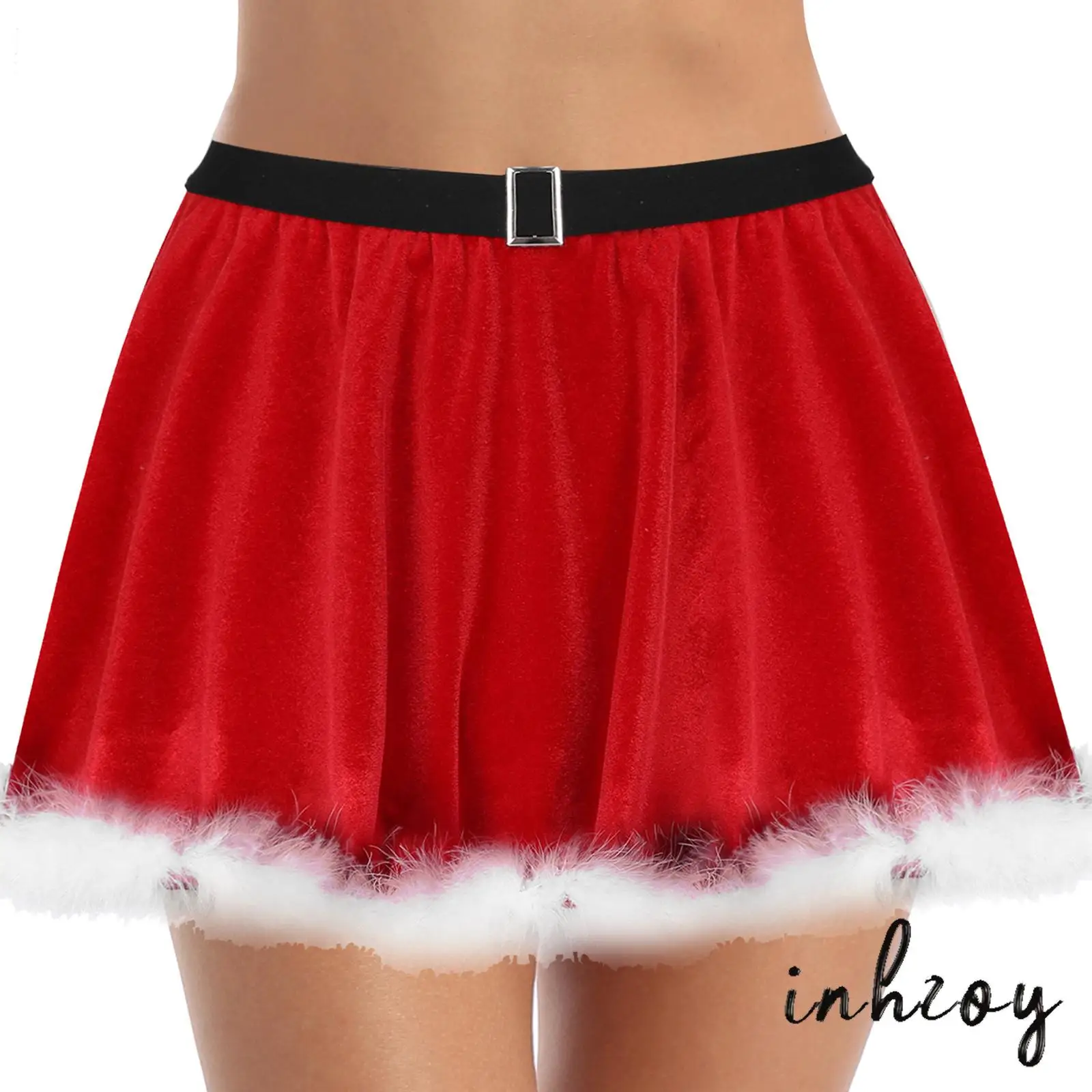 

Womens Luxurious Velvet Miniskirt Feather Hem Accent Elastic Waistband Elegant Party Skirt for Christmas And New Year Events