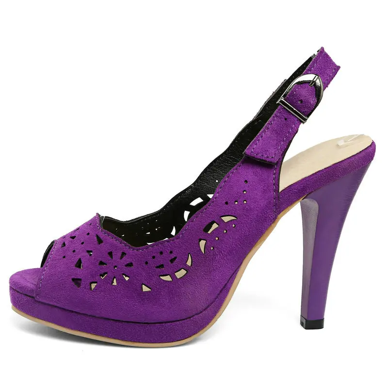 Laser Cut Hallow Peep Toe Ladies Dres Pumps Purple Gray Buckle Strap Slingbacks Shoes Summer Platform Spike Heels Women Sandals