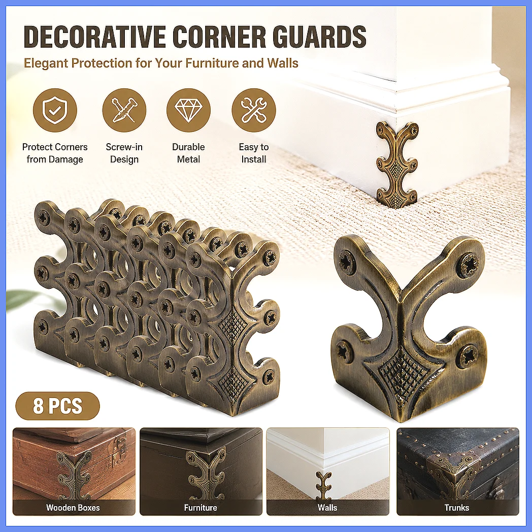 Antique Solid Brass Corner Guard L-Shaped Edge Protector for Wall Baseboard Furniture Protection, Home Office Decorative Meta
