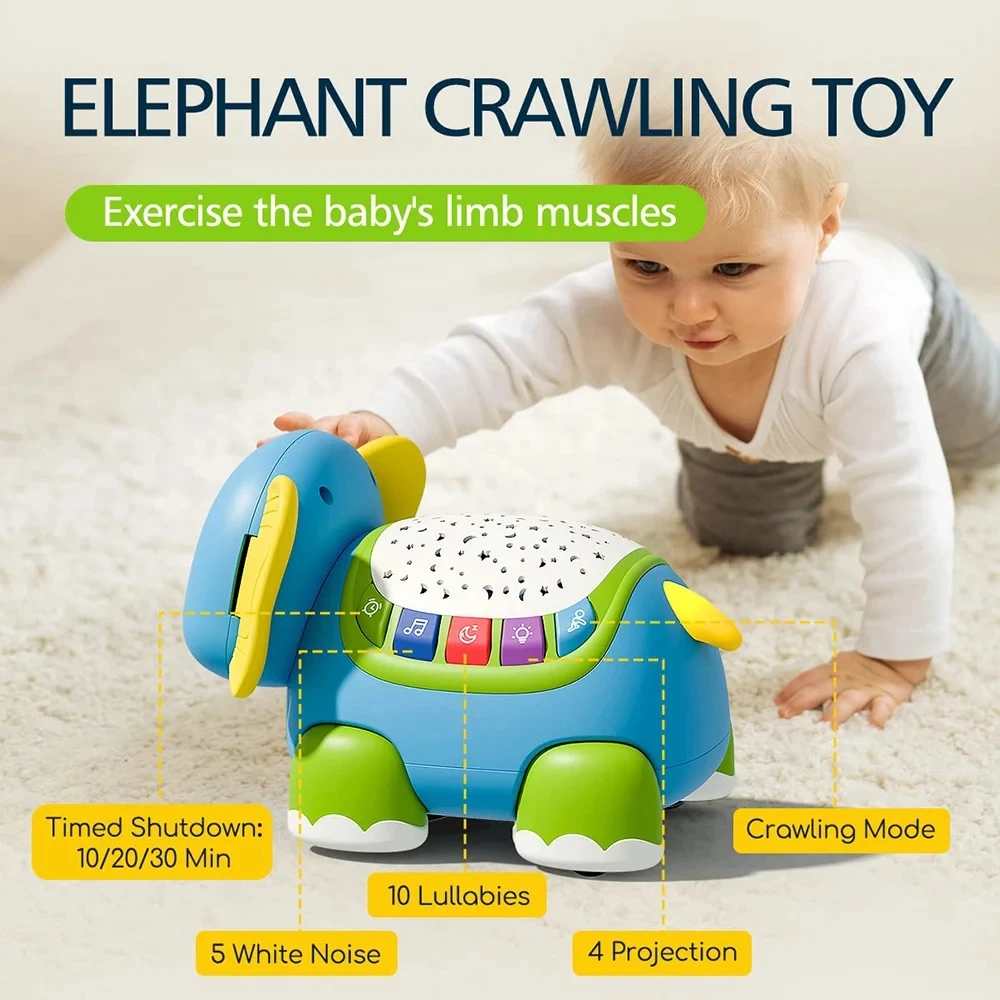 คลานของเล่นดนตรีช้าง Tummy Time เด็กพร้อมตัวจับเวลาสีสัน Light Up Projection ของขวัญวันเกิดสําหรับเด็ก