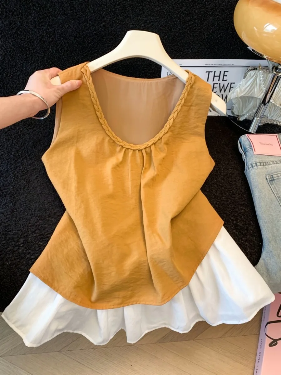 

Mustard Yellow Casual Style Loose Fit Cotton Linen Sleeveless Women's Shirt Summer New Style Dopaamine Matching Umbrella Hem ...