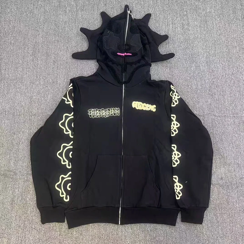 Euro-american Fashion Brand Glo Gang The Glory 3D Embroidery Cartoon Pattern Lazy Style Couple Zip-up Cardigan Hooded Overcoat