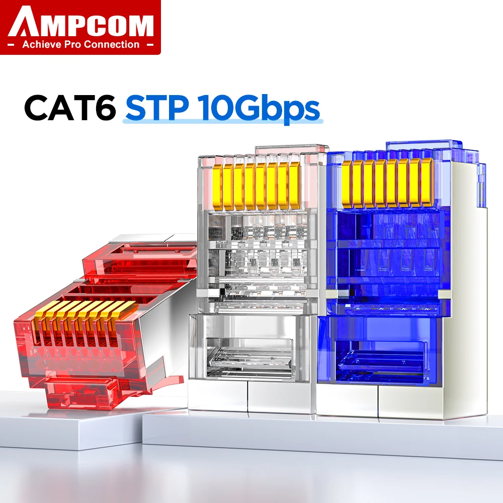 AMPCOM CAT6 Shielded RJ45 Modular Plug connector 50μ Gold Plated 8P8C RJ45 Connectors Modular Plug Crimp End Ethernet Cable