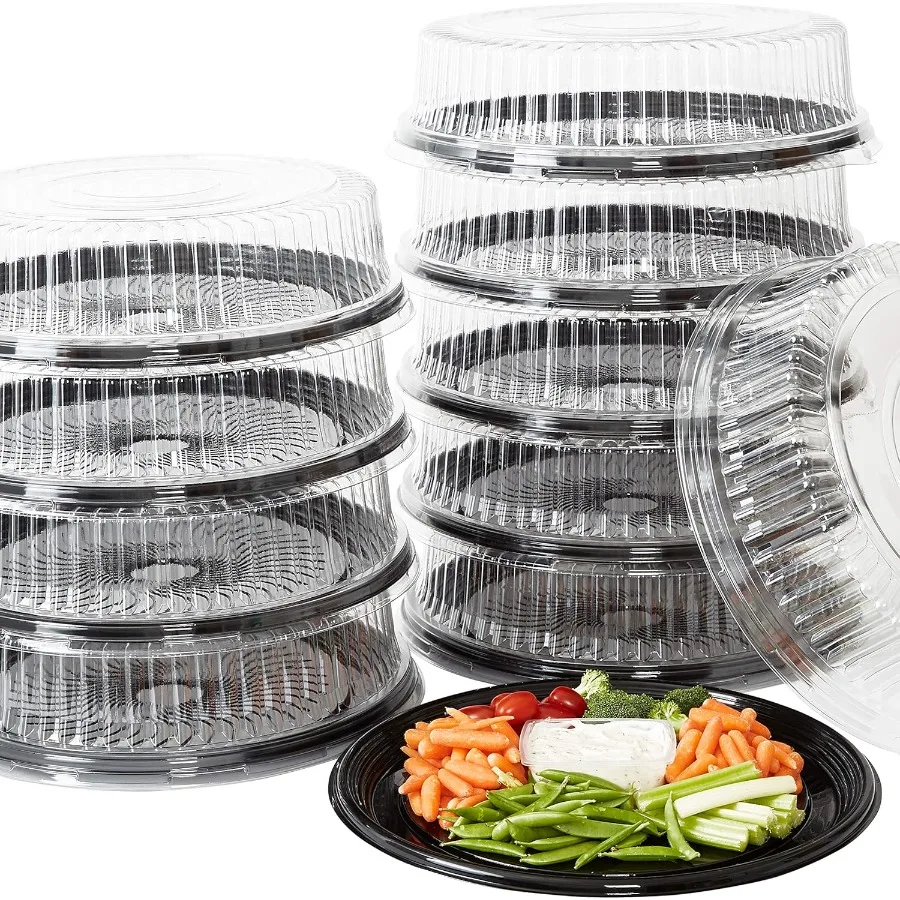 

Heavy Duty Recyclable 16 in. Serving Tray and Lid 10pk. Large Black Plastic Party Platters with Clear Lids Dishware Plate Elega