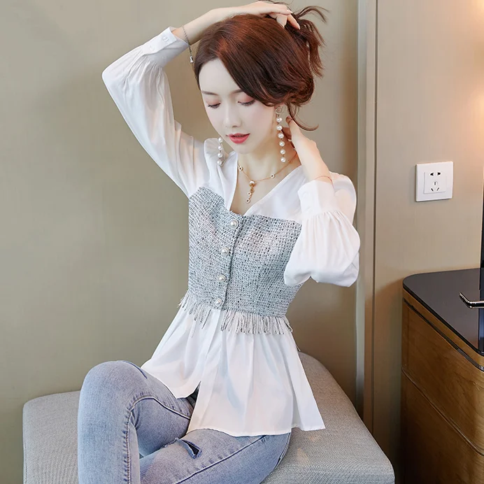 

2024 New White Long Sve irt Women's Design Sense Small ence Splice Commute Sle Korean Loose Fit V-Ne Button up
