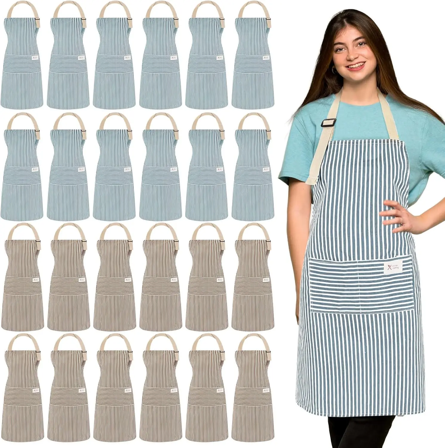 

24 Pcs Aprons for Women Men with 2 Pockets Linen Cooking Kitchen Apron Adjustable Bib Chef Apron Bulk Aprons Unisex
