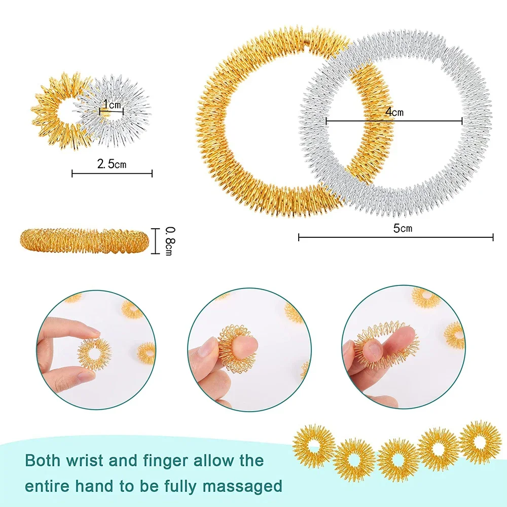 Juego de anillos y pulseras de acupresión para dedo y mano, juego de masajeadores, sortijas sensoriales con púas para masaje de muñeca y alivio del