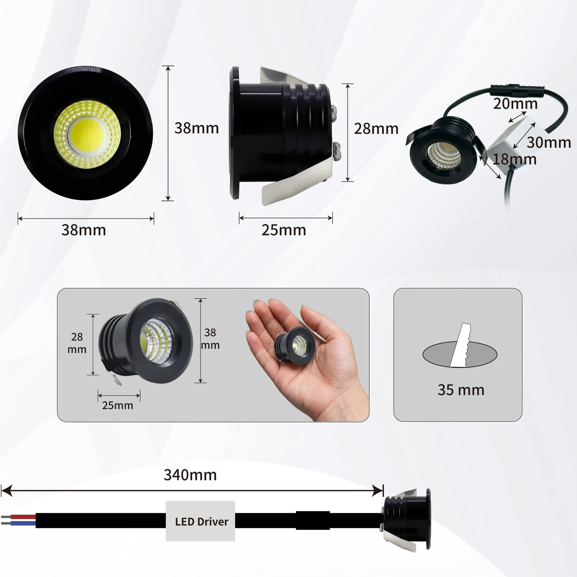 Mini LED Spot Light Downlight 2W Downlight With Driver Indoor Spotlight for Ceiling Cabinet Showcase Loft Stair Step Decorations