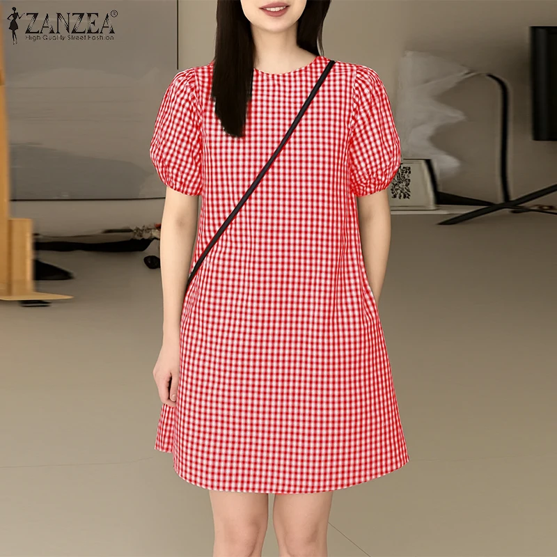 2026 ZANZEA Sommerkleid für Damen, Stilvolles Urlaubs-Strandkleid, Kurze Puffärmel, Kariertes Kleid, Lässiges A-Linien Mini-Kleid