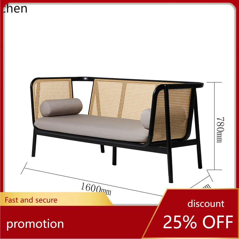 

HT lobby lounge area, simple wabi-sabi wind solid wood rattan three-person meeting leisure sofa