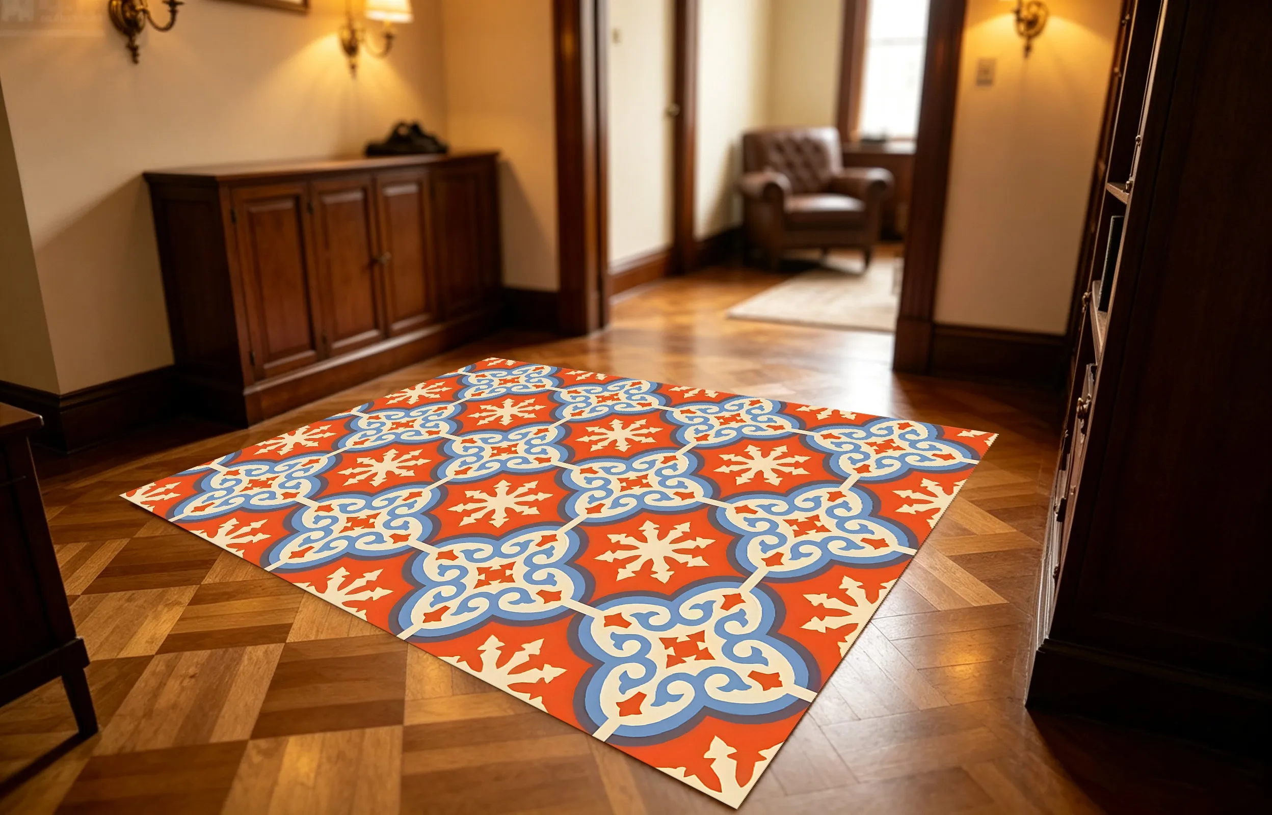 Orange and Blue Color-Blocked Snowflake-Patterned Vintage Ethnic-Style Christmas Velvet Rug, Suitable for Entryways, Living Rooms, and Bedrooms, Creating a Warm and Festive Winter Atmosphere