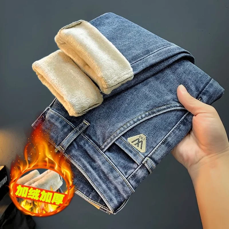 

Premium 2024 New Autumn Winter Blue Waed Denim Jeans Men Slim Fit Straight Leg Fce Lined Thiened Casual Youth Faion