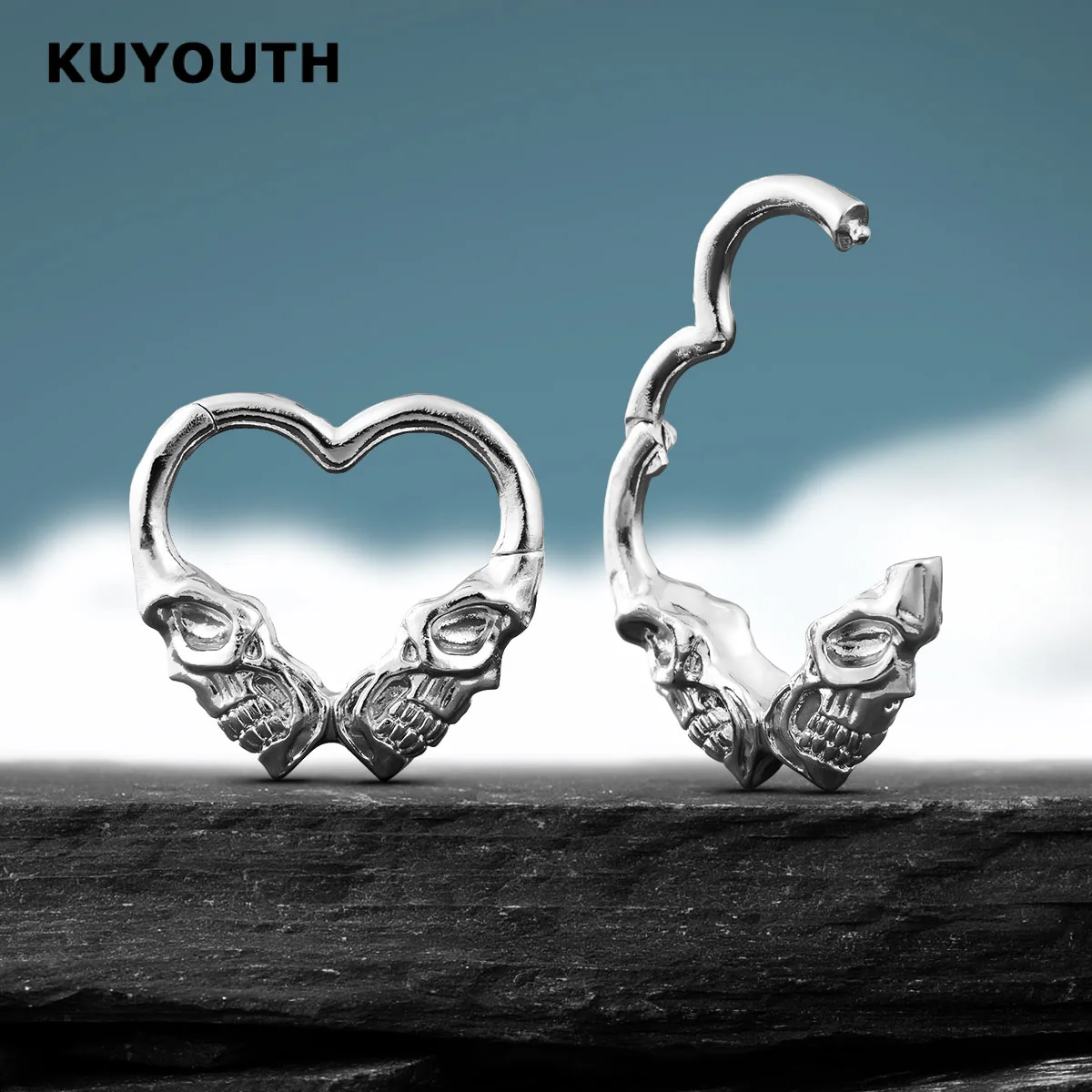 KUYOUTH Punk Heart-shaped Skull Ear Weight Expanders Stretchers Copper Snap Body Jewelry Gauges Earring Piercing 2PCS