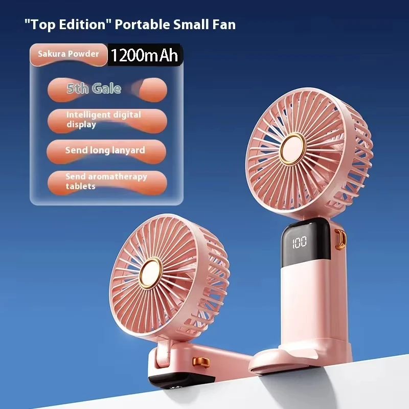 مروحة USB صغيرة محمولة قابلة للطي ومراوح معلقة على الرقبة 5 سرعات USB قابلة لإعادة الشحن مع حامل هاتف وشاشة عرض