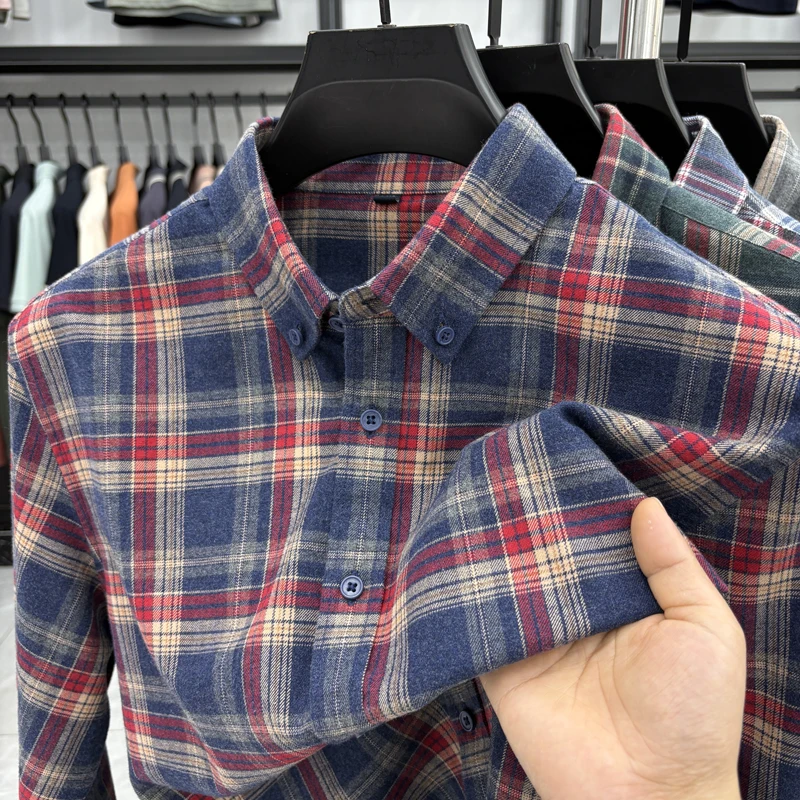 Cotton Plaid Shirt Men's Long Sleeved Spring New Loose Casual Jacket, Brushed and Iron Free Shirt Men's Clothing