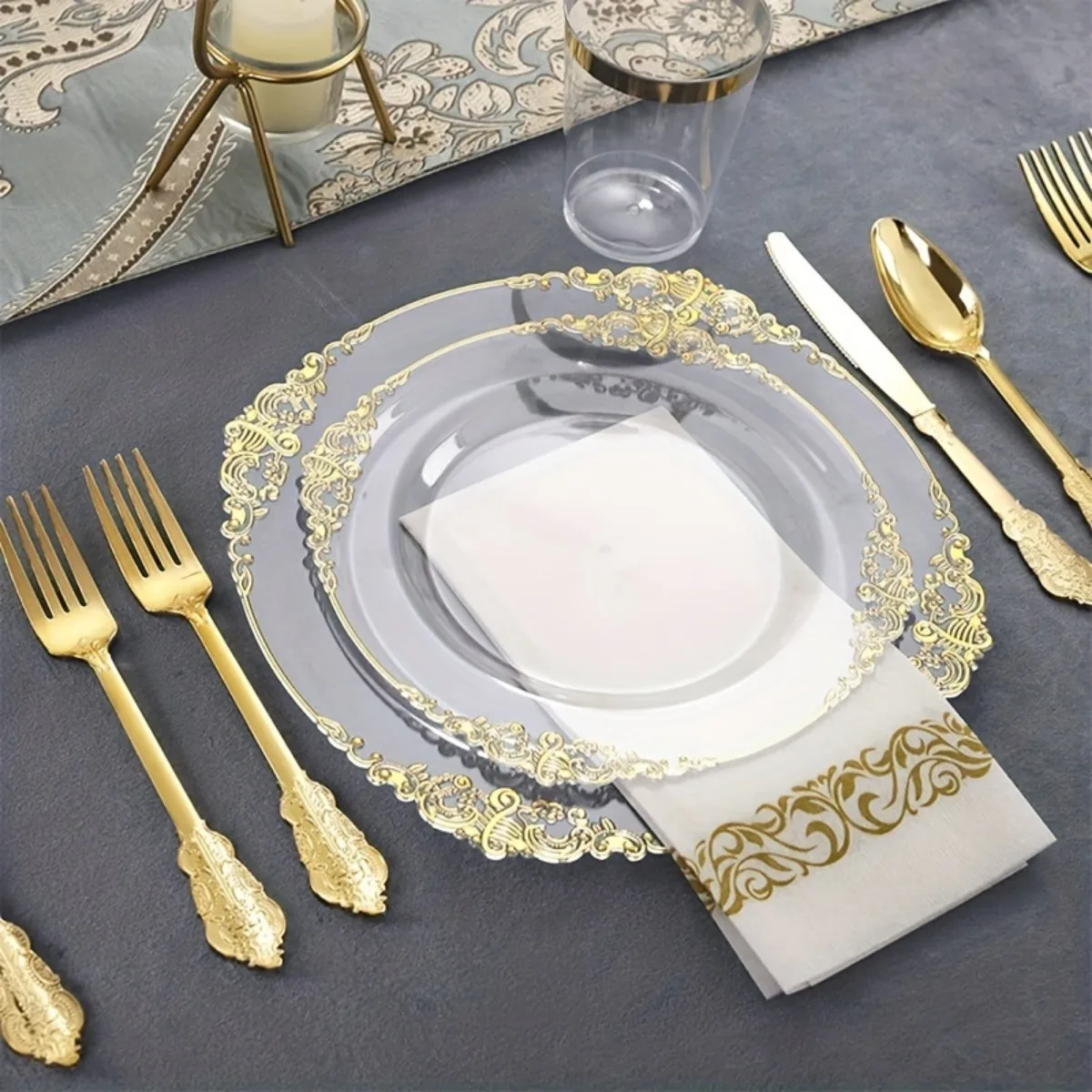 25pcs, 7.5-inch, 10.25-inch elegant gold-plated plastic plates - suitable for weddings, birthdays, Thanksgiving, and parties - i