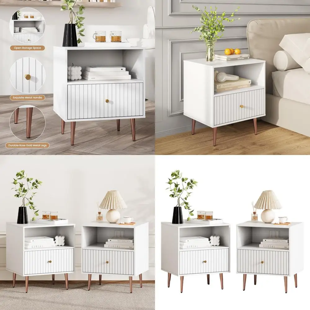 

Pair of Modern White Nightstands with Door and Storage, Fluted Design, Rose Gold Legs & Handles for Bedrooms and Living Spaces