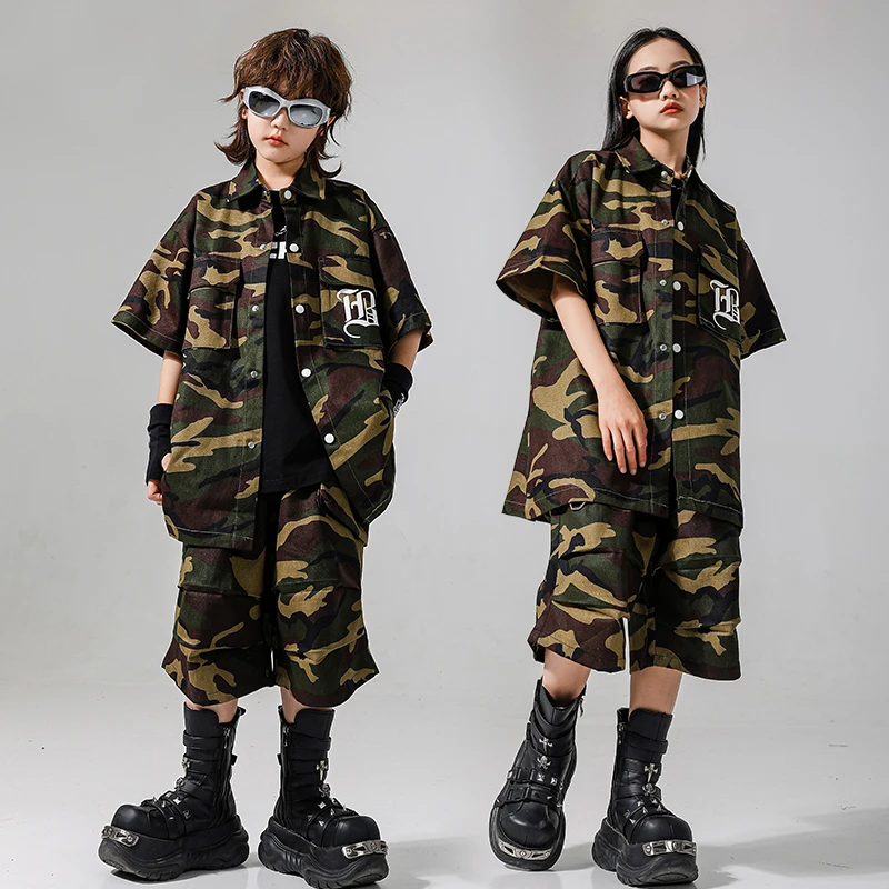 Mädchen Hip Hop Kleidung Camo Hemd Shorts Outfit Jungen Street Dance Jacke Kind Jazz Sommer Kleidung Sets Kinder Streetwear Kostüme