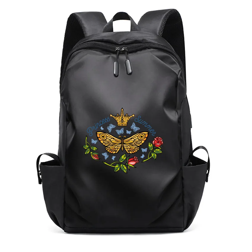 Street Butterfly Flower Pattern Printed Women Man Travel Backpack Water Repellent Daypack Bag Strap USB Charging Port Backpack