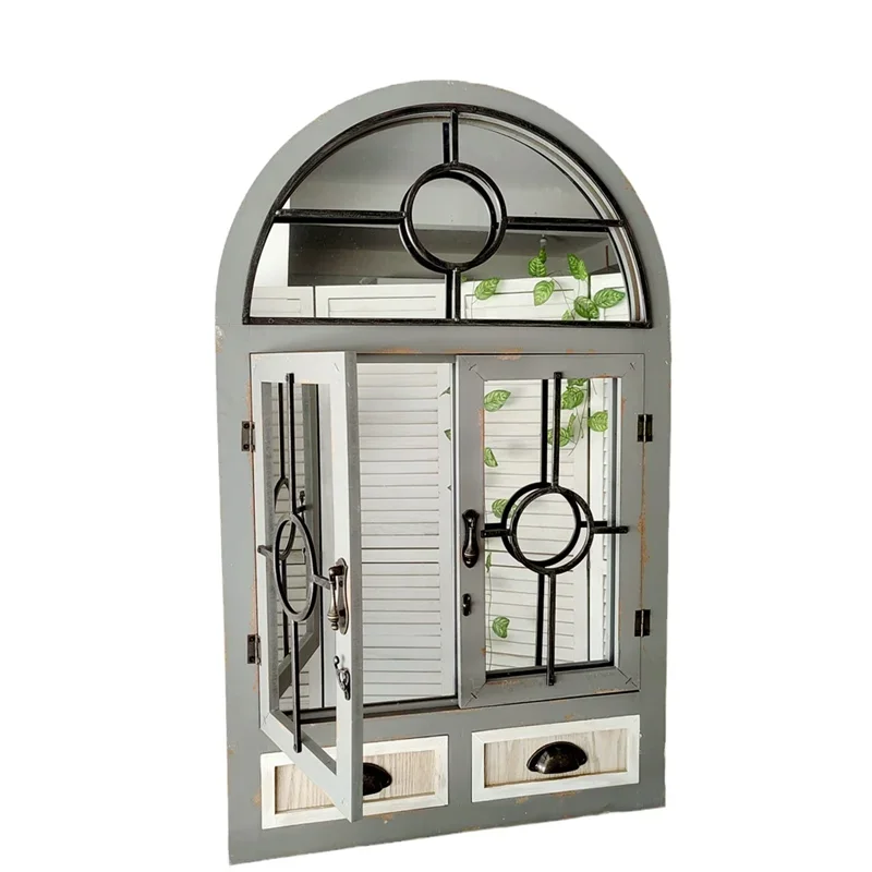 

American wood simulation fake window decoration pendant French retro wood window frame balcony wall old arched mirror