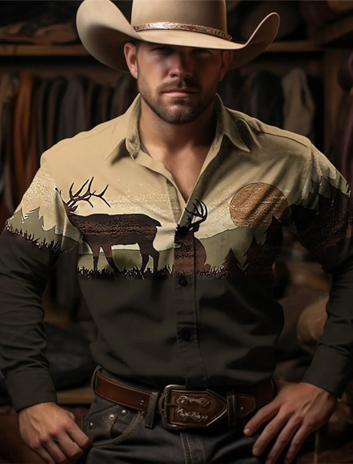 Cactus Cowboy Vintage estilo occidental camisa de hombre camisa occidental calle al aire libre Casual Otoño e Invierno camisa de manga larga