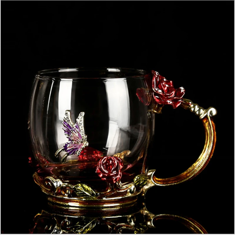Vintage Rose Enamels Glass Cup Classical Crystal Flower Tea Set Coffee Cup Wine  Cup Gift