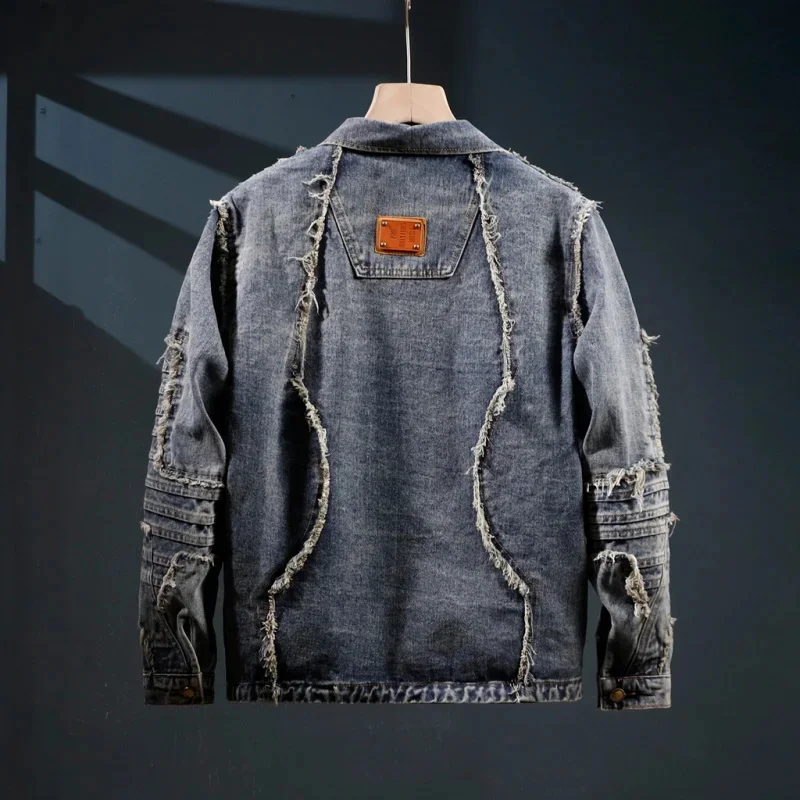 Streetwear อเมริกันวินเทจหลวมแจ็คเก็ตส่วนบุคคล Splicing ขอบดิบผู้ชาย DENIM TOP ปากขนาดใหญ่รุ่น