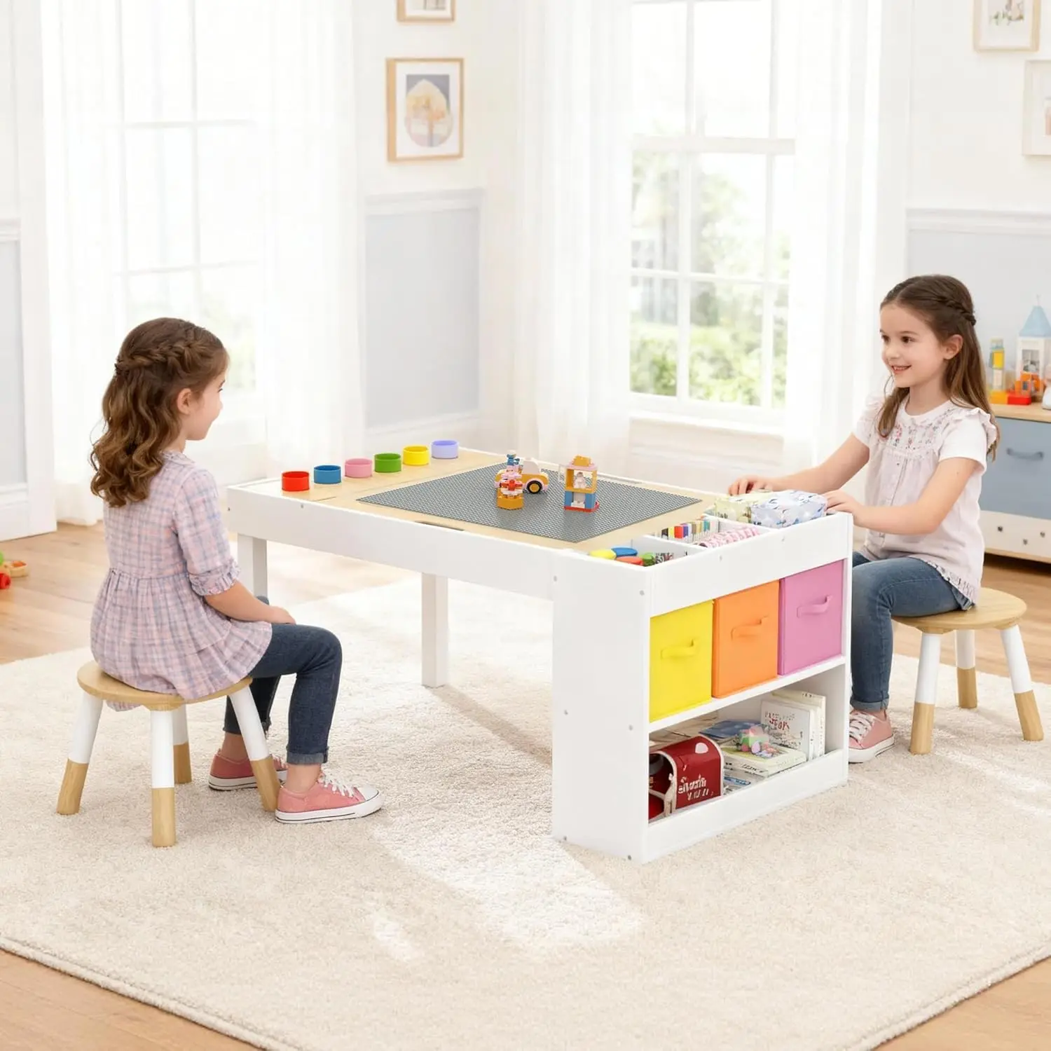 Kids Art Table and 2 Chairs Set, Wooden Kid Craft Table Roll Paper & Storage for Drawing, Learning and Reading,, Customized