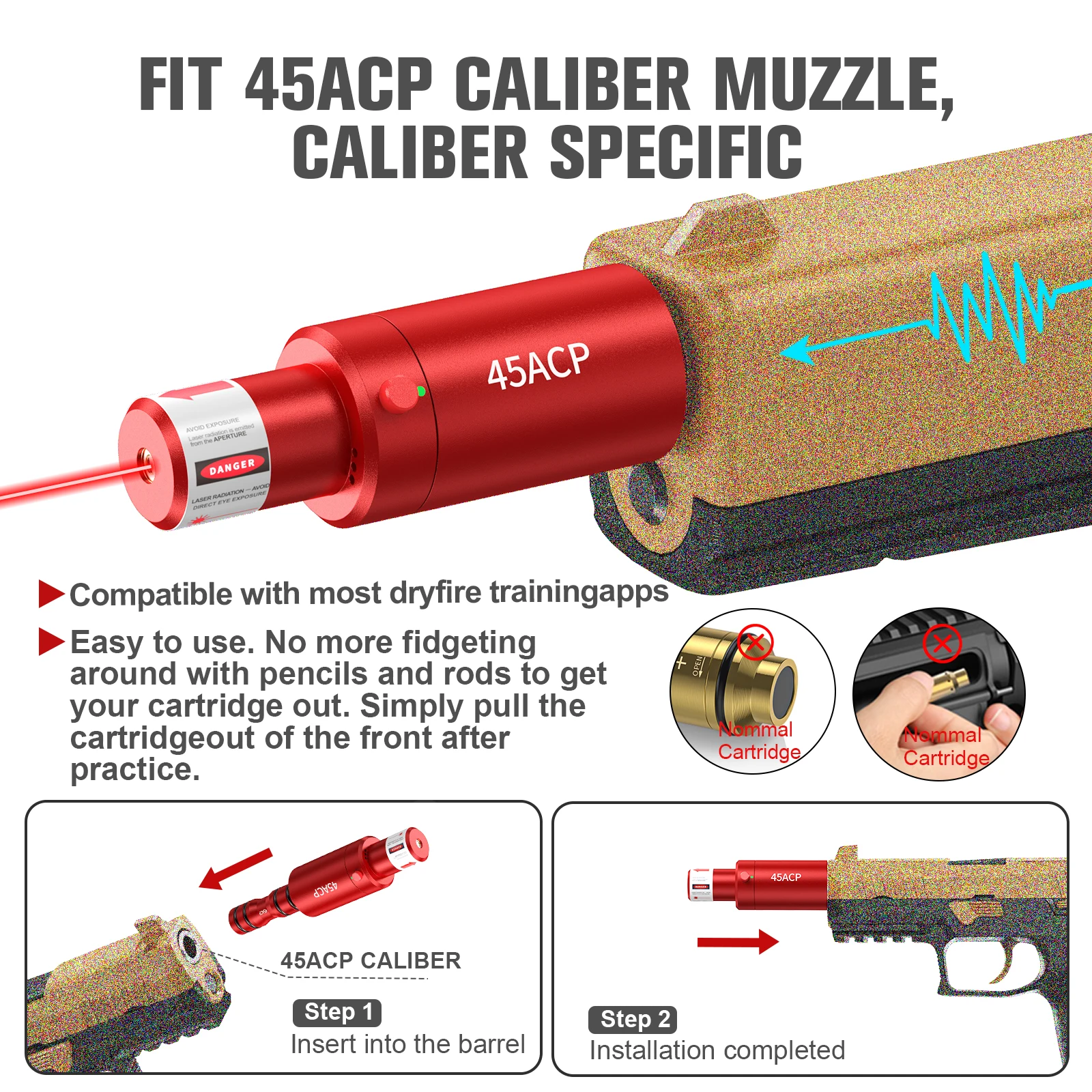 45ACP dual-purpose magnetic laser training calibrator, dry powder laser training cartridge