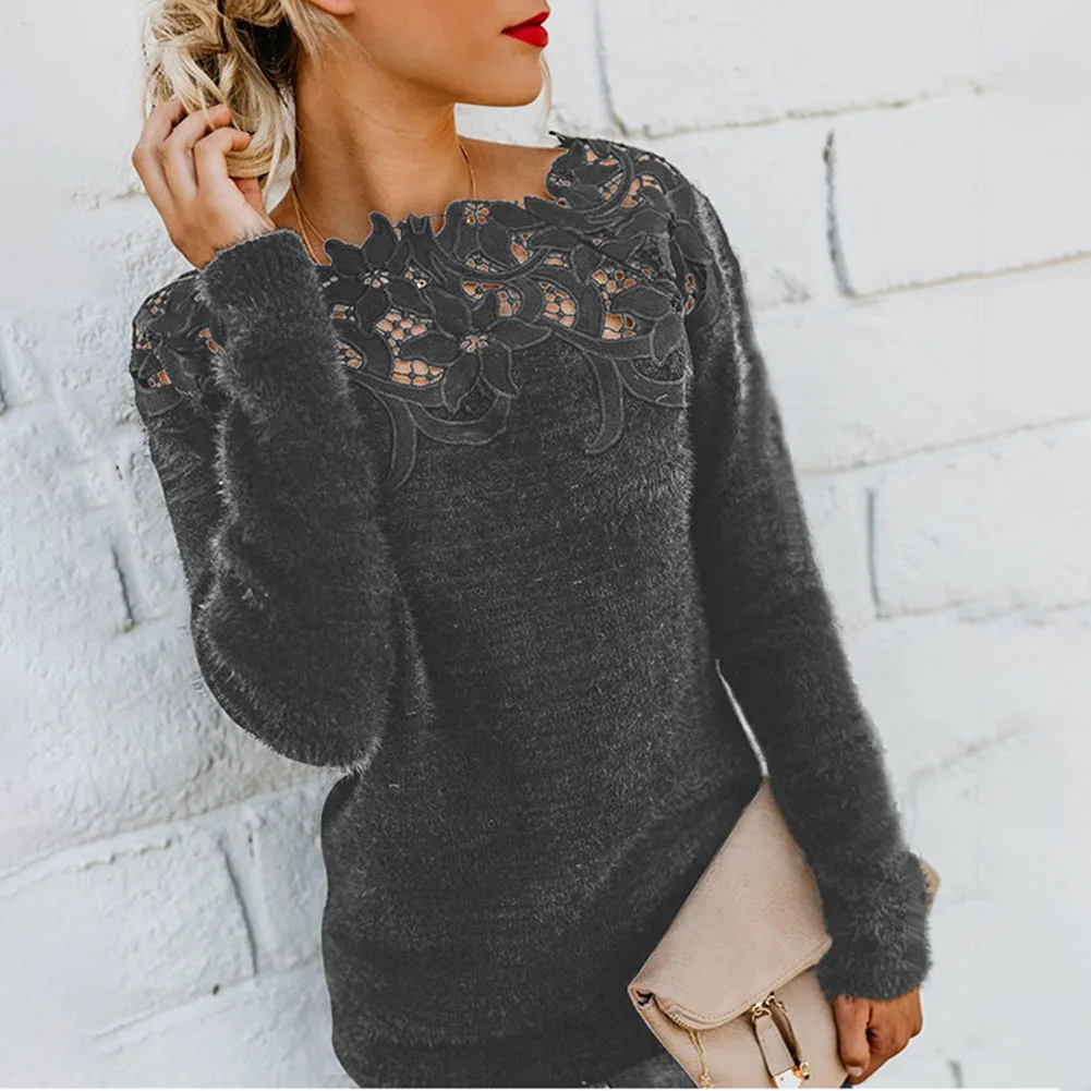 

Comfortable Fashion Knit Women Pullover Sweater Holiday Outfits Winter Fashion Autumn Winter Lace Splicing Long Sleeve