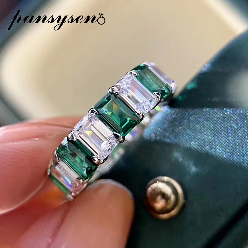 PANSYSEN 100% 925 Sterling Silver 3x5MM Emerald High Carbon Diamond Engagement Ring Wedding Bands for Women Man Luxury Jewelry