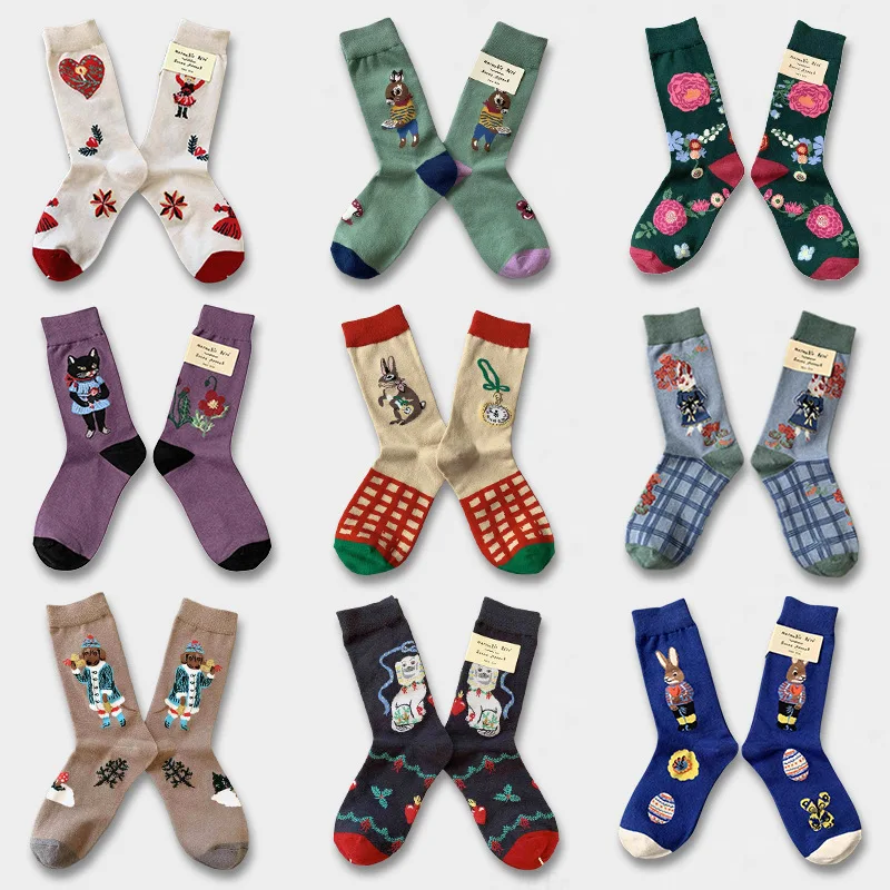 New Women Cotton Korean Designer Cute Forest Animal Cat Socks Female AB Mid-Calf Squirrel Rabbit Personality Funny Novelty Socks