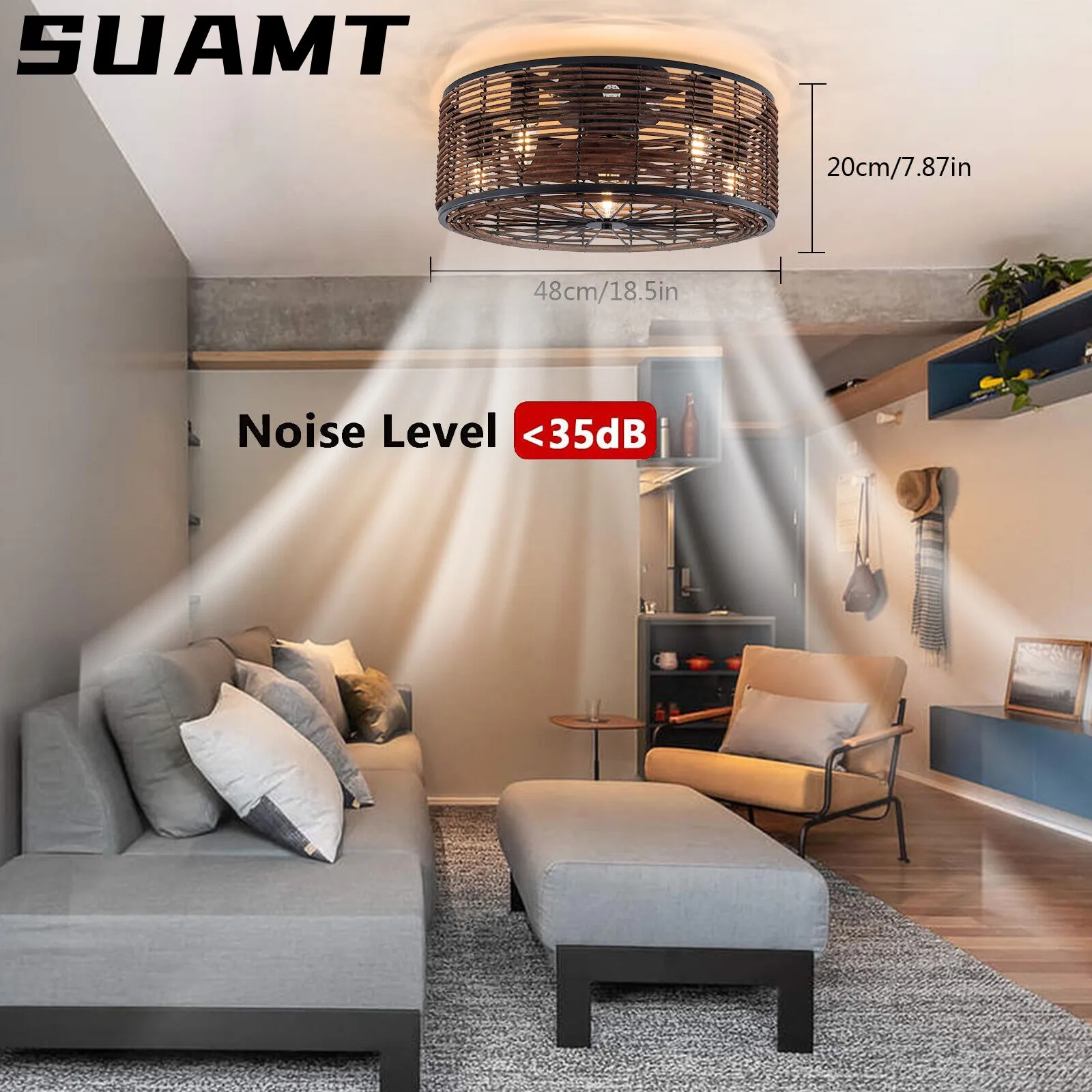 Retro Cage Ceiling Fan Lamp Dining Room Bedroom Ceiling Lamp 3-Speed Industrial Style Ceiling Fan with Light Remote Control