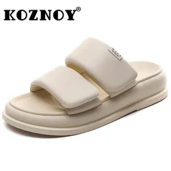 Koznoy 2cm 2024 skóra owcza sandały mokasyny Mary Jane Designer Peep Toe wygodne kapcie modne damskie letnie buty na płaskim obcasie