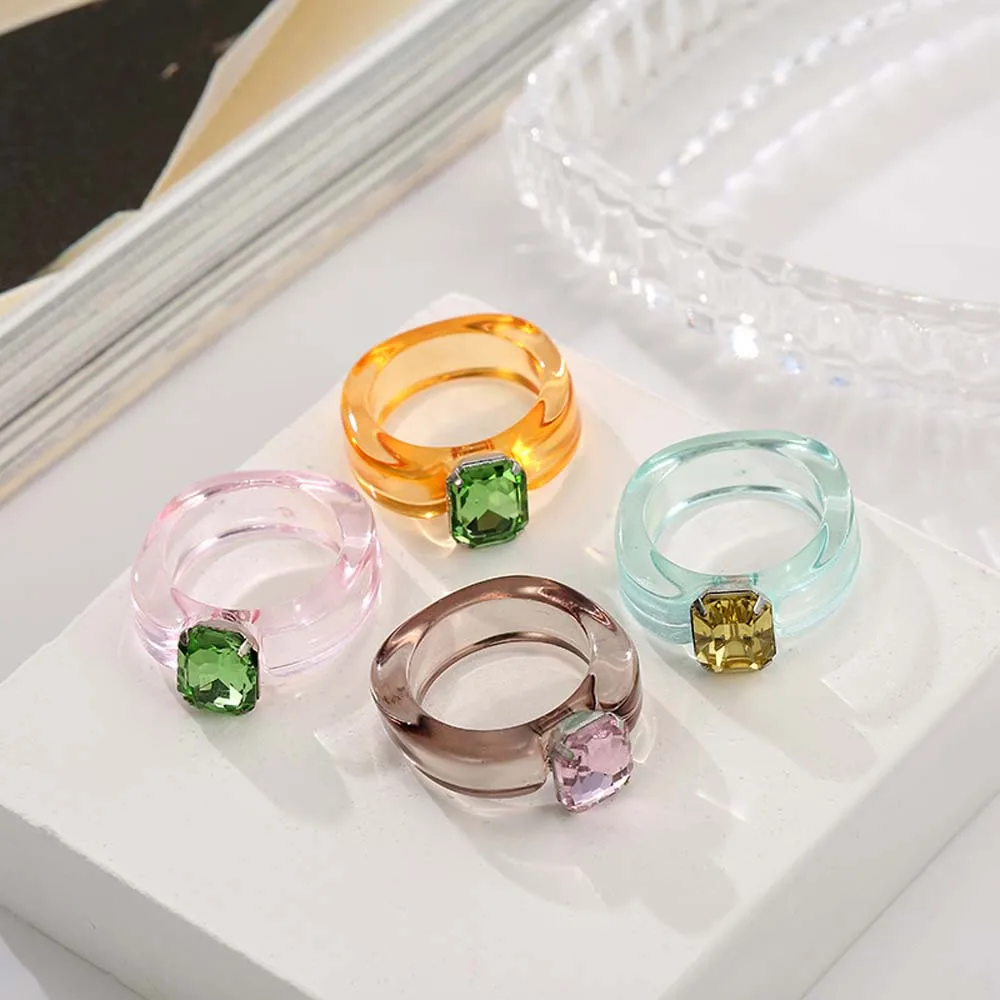 Trendy Geometric Jelly Color Acrylic Rhinestone Girls Finger Ring Fashion Jewelry Resin Rings Transparent