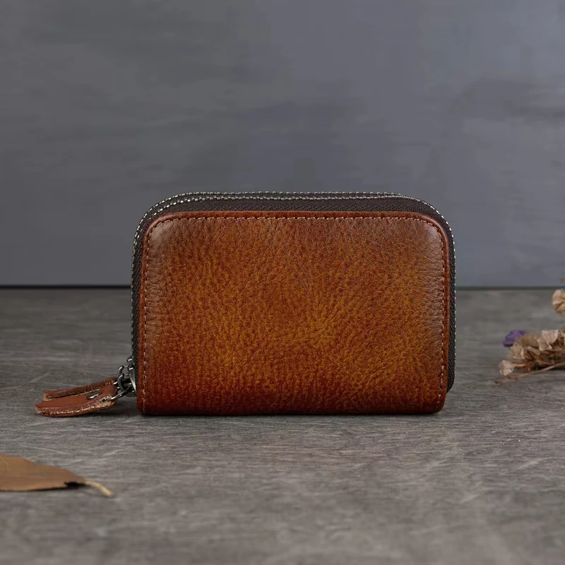 2025 Vintage Mini Cowhide Leather Wallet Women's Organizer Card Holder with 10 Slots & ID Window Compact RFID Purse Coin Pocket