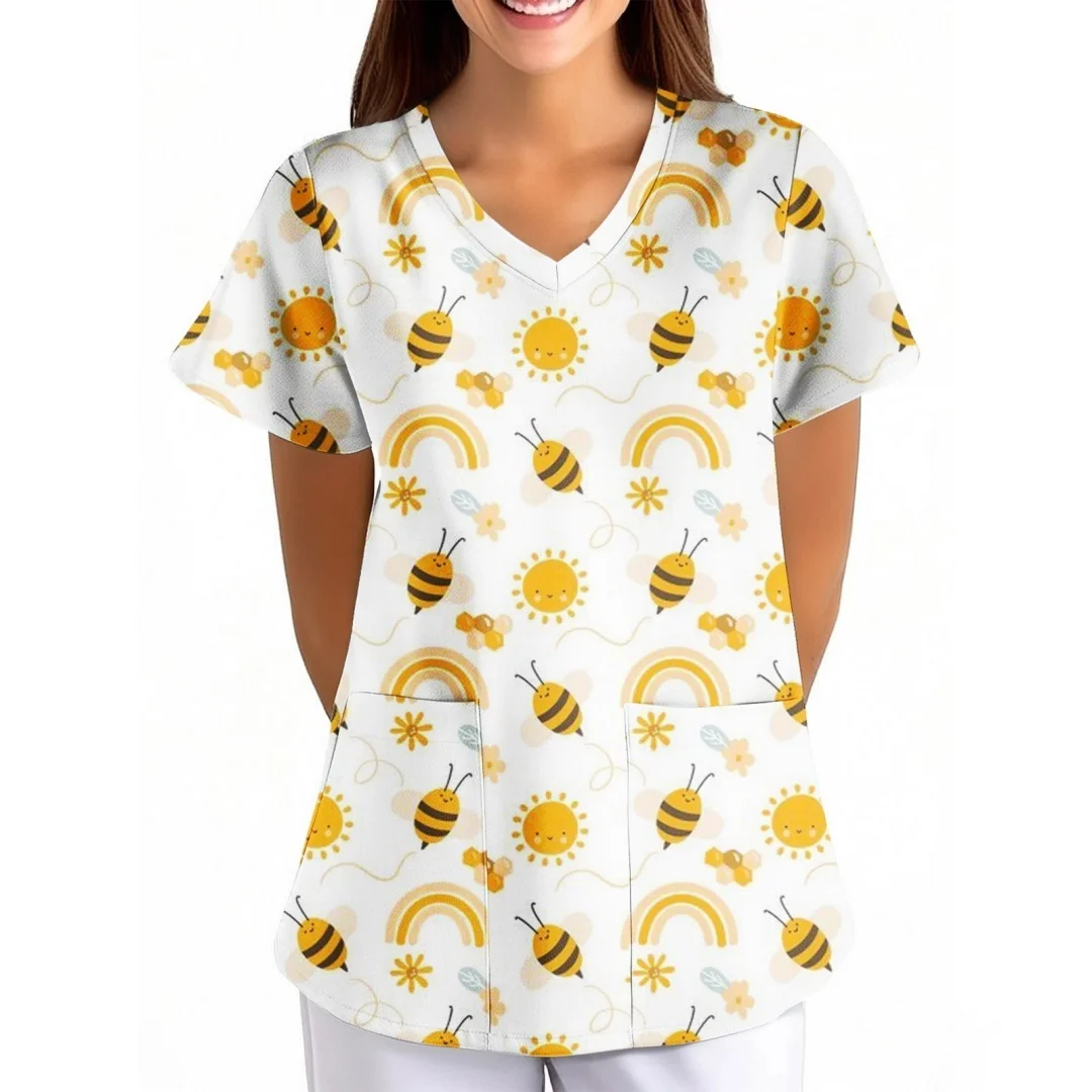 여성을 위한 패셔너블한 꽃무늬 프린트 수술복 V넥 간호복 여름 반소매 편안한 캐주얼 탑